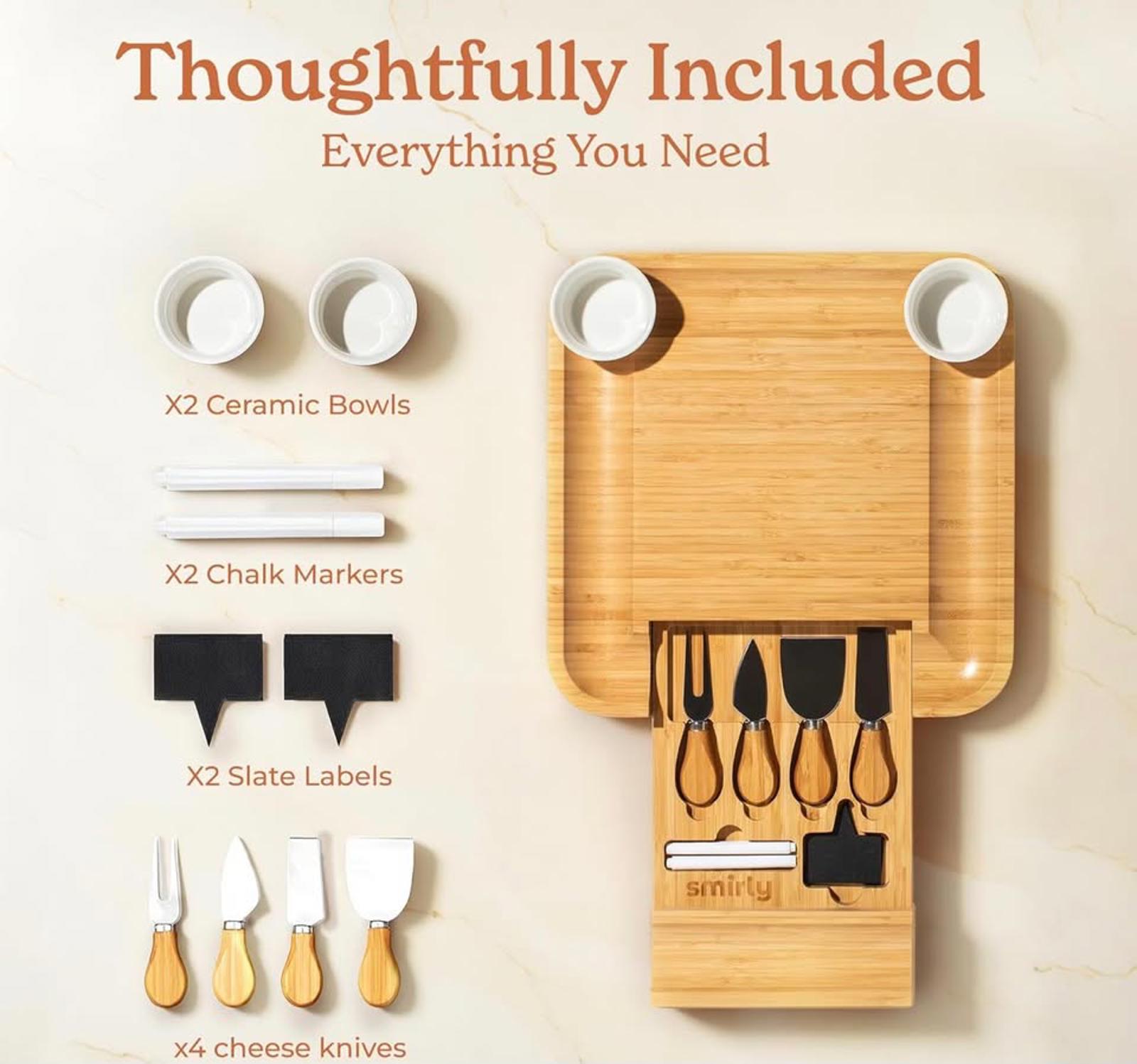 Bamboo Charcuterie Board Set with Knives, Dip Bowls & Fruit Tray