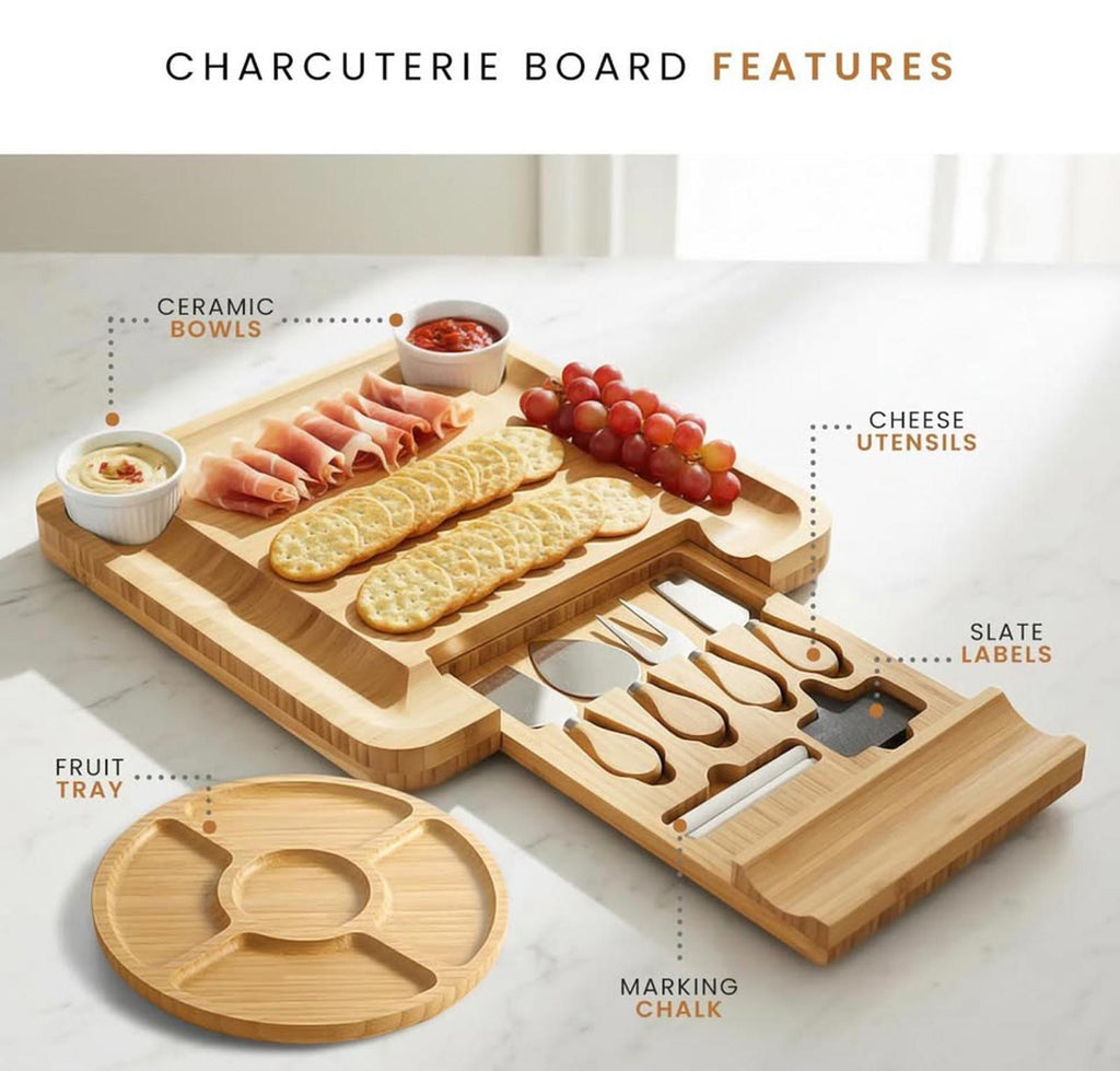 Bamboo Charcuterie Board Set with Knives, Dip Bowls & Fruit Tray