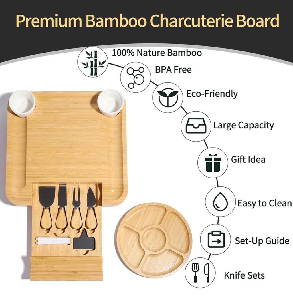 Bamboo Charcuterie Board Set with Knives, Dip Bowls & Fruit Tray