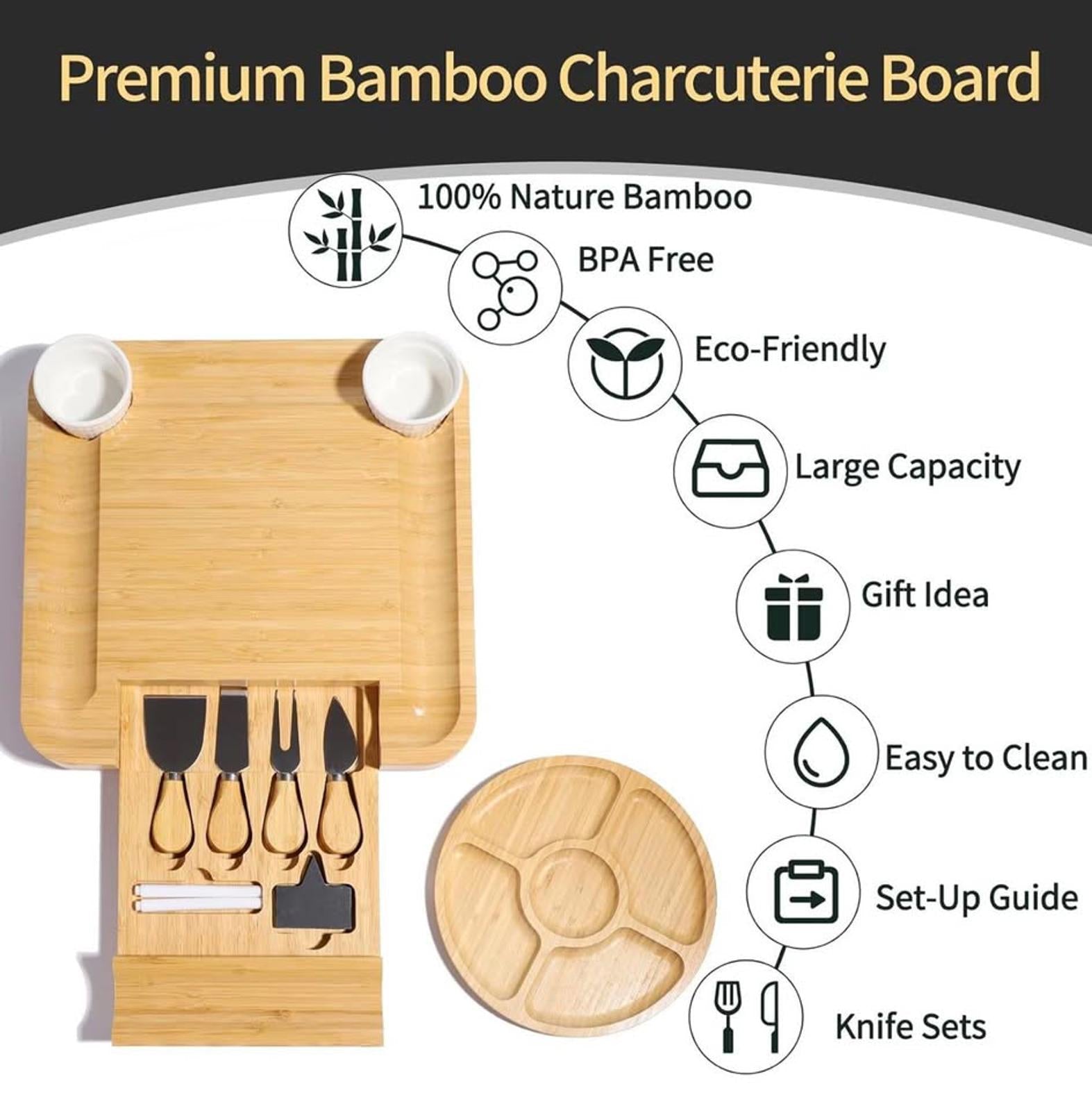 Bamboo Charcuterie Board Set with Knives, Dip Bowls & Fruit Tray