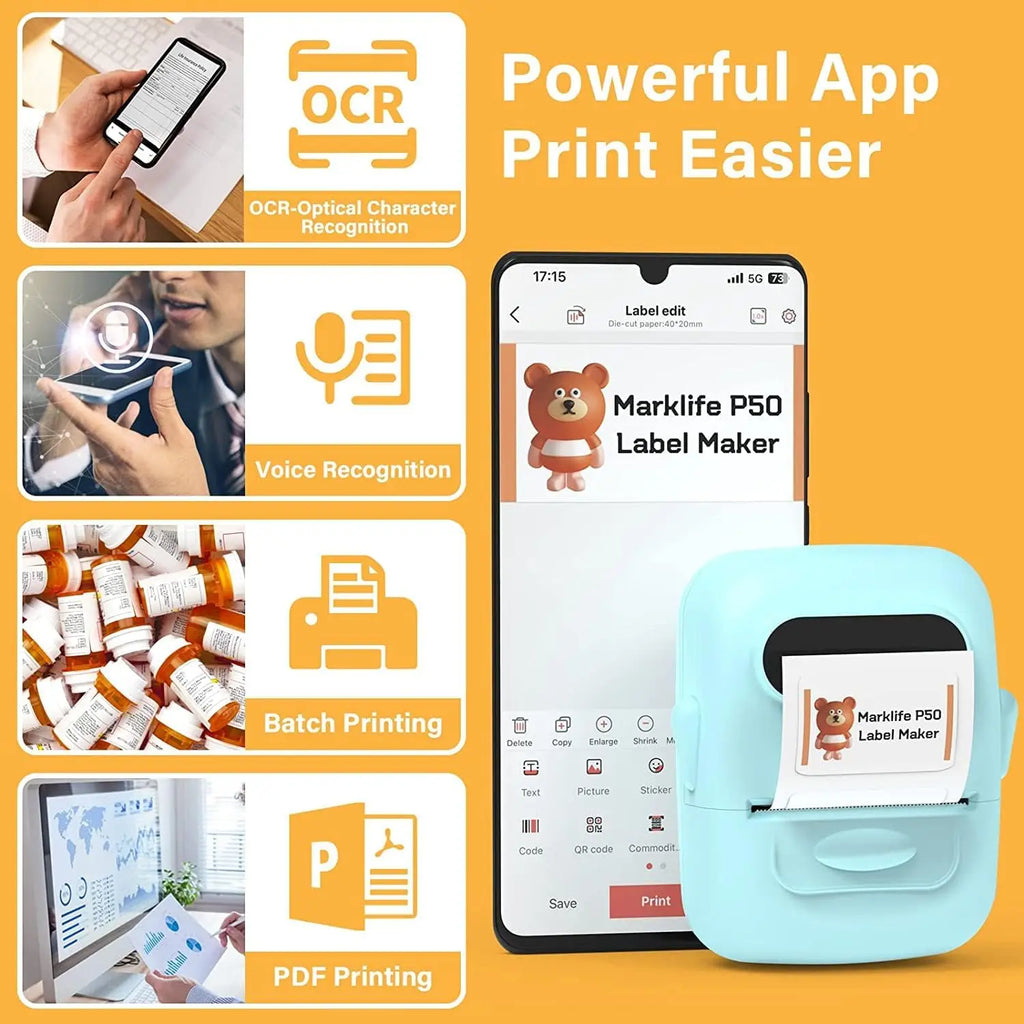 Marklife P50 Portable Thermal Printer Suitable For Small Business Home Office Mini Wireless Label Sticker Machine For Smartphone