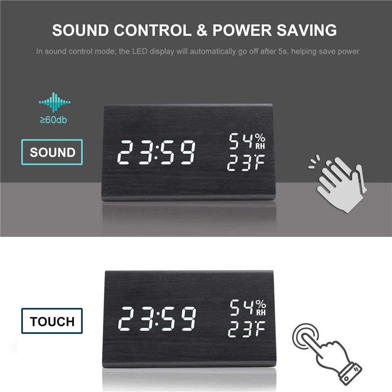 Wooden Alarm Clock Clock LED Time Display USB Charger Humidity and Temperature Detection Digital Alarm Clock For Bedside Table