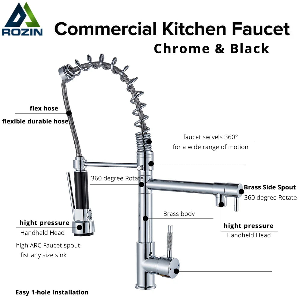 Black Kitchen Faucet With Pull Down Spring Sprayer Deck Mounted Hot and Cold Water Mixer Tap Dual Spout Nozzle Faucets Crane