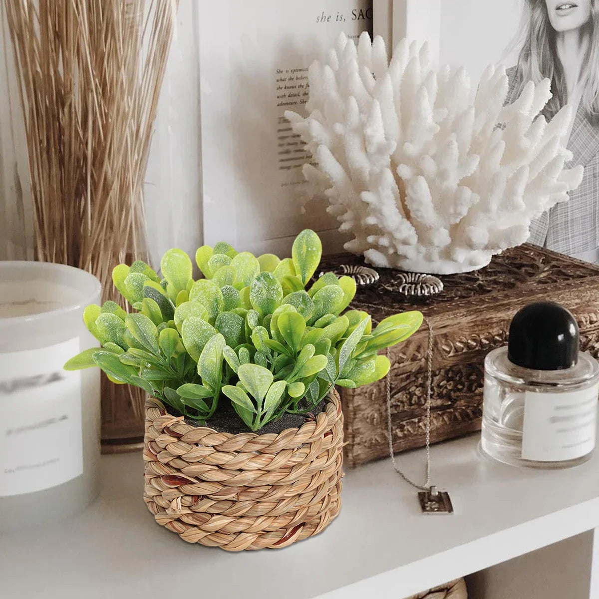 3pcs Green Artificial Plants Grass Woven Small Potted Plants Home Decoration home decor  home decoration  plants