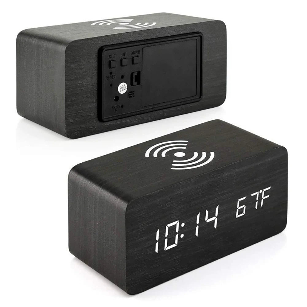 Wooden Digital Alarm Clock with Wireless Charging Temperature Display LED Desk Clock for Office Bedroom Bedside Décor Gift