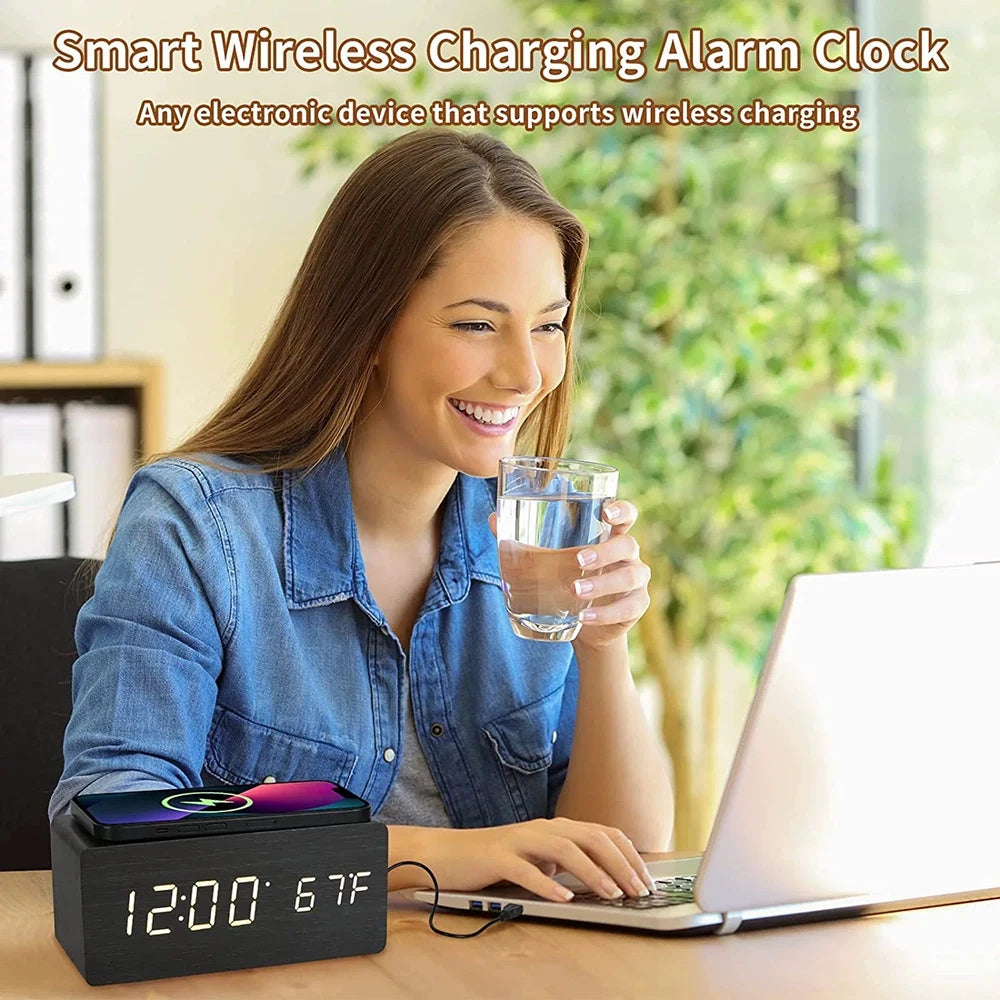 Wooden Digital Alarm Clock with Wireless Charging Temperature Display LED Desk Clock for Office Bedroom Bedside Décor Gift