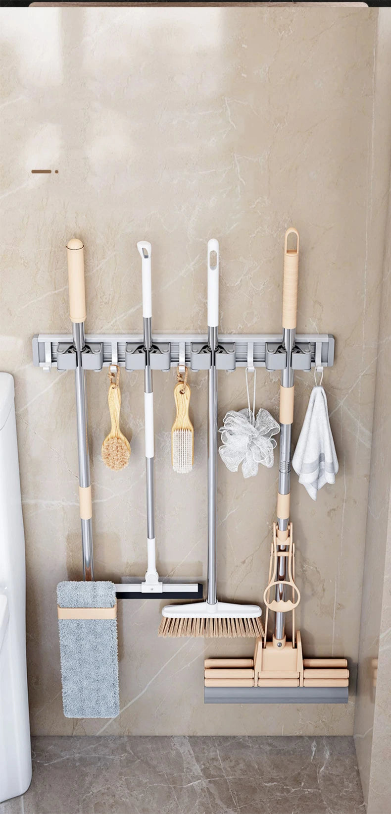 Wall Mounted Mop & Broom Organizer Rack with 5 Hooks Strong Mop Holder Self Adhesive for Kitchen Bathroom Cleaning Tools Storage