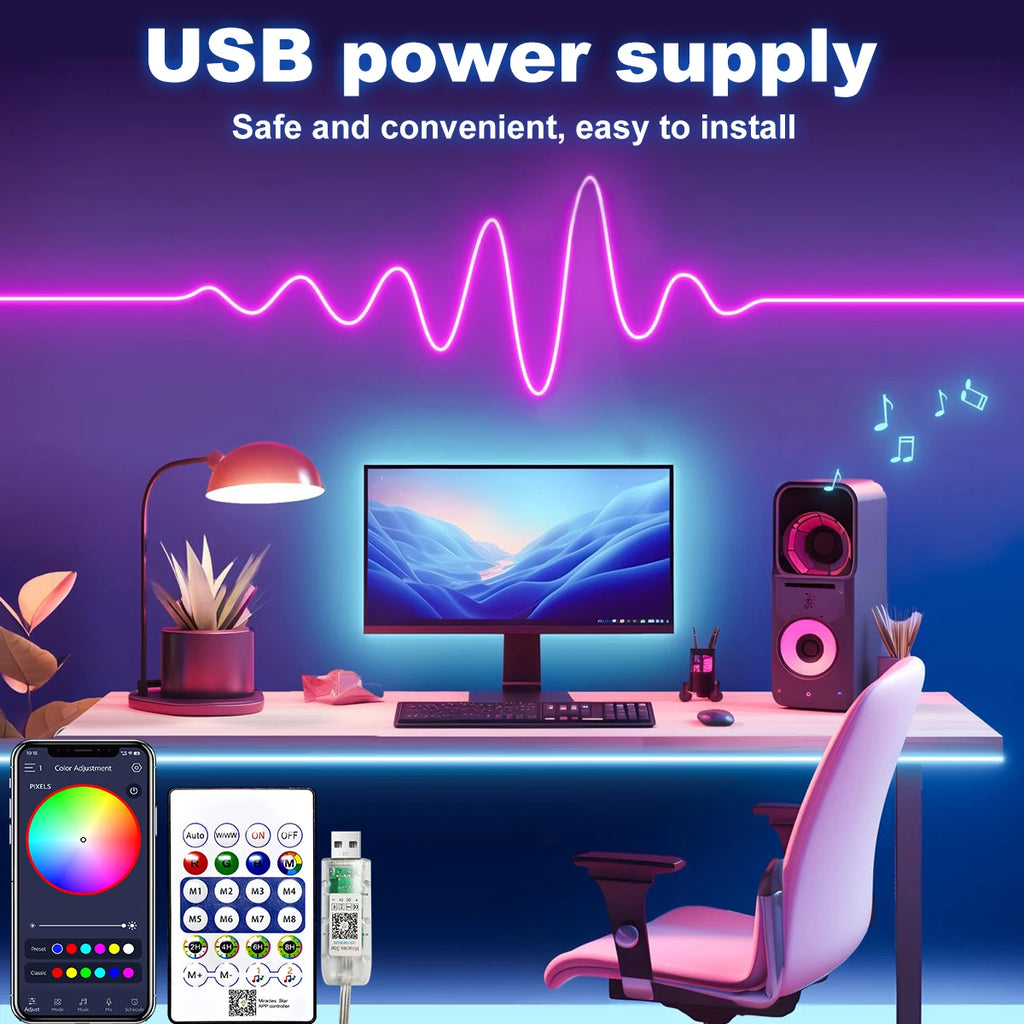5V RGB+IC Neon Strip Light 1M 2M 3M 5M 10M USB Waterproof Flexible LED Strip Lights With Bluetooth Remote Control For Home Decor