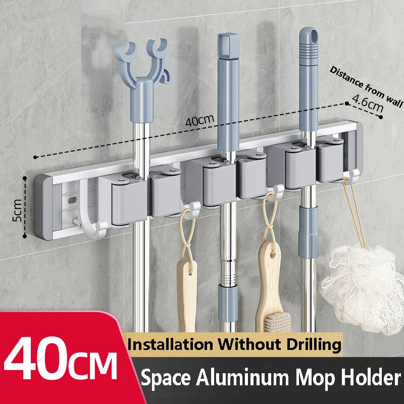 Wall Mounted Mop & Broom Organizer Rack with 5 Hooks Strong Mop Holder Self Adhesive for Kitchen Bathroom Cleaning Tools Storage