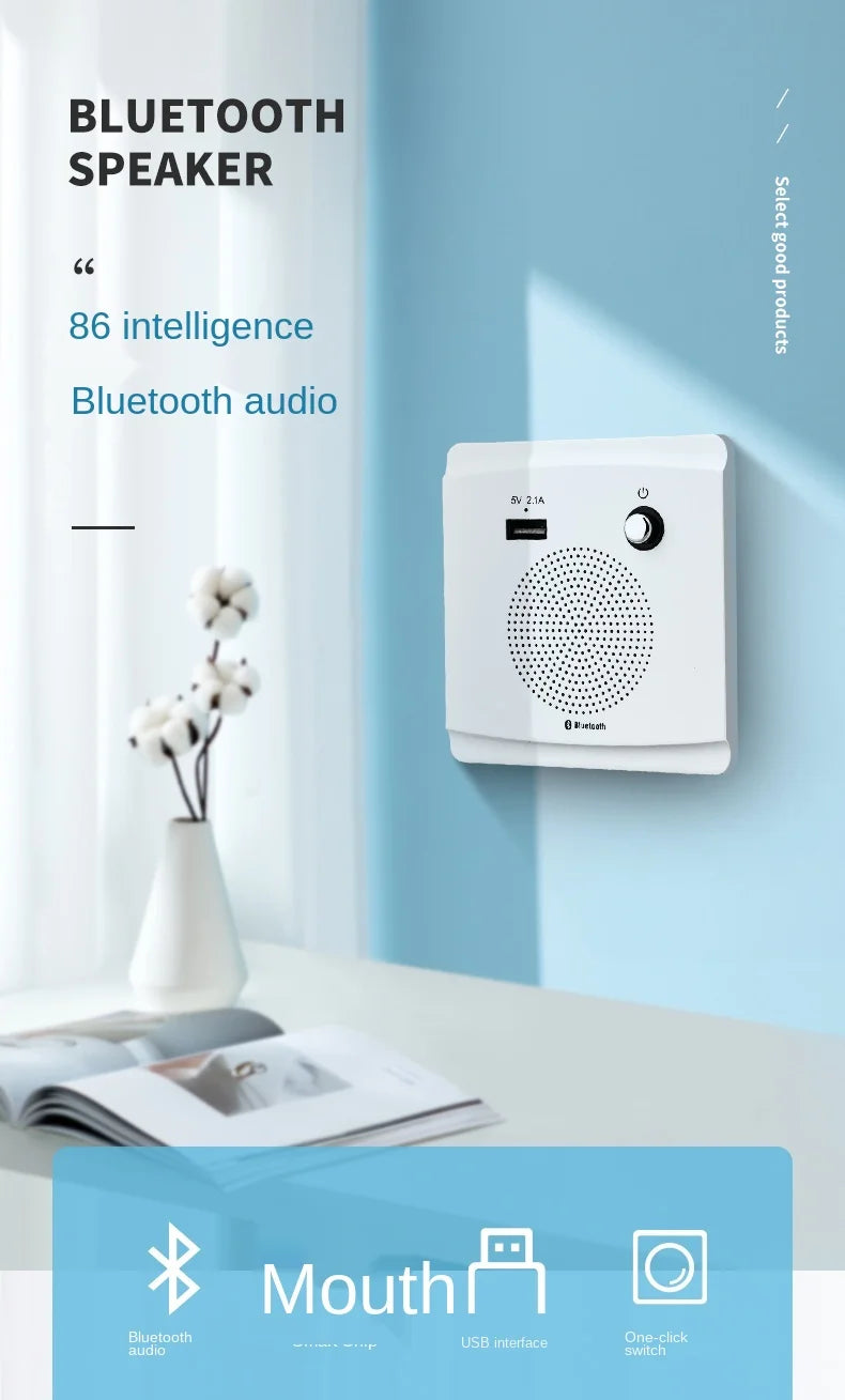 Universal Wall-mounted WiFi Bluetooth Audio with USB Charging Port Socket Panel, Home Wireless Bluetooth Speaker 86mm*86mm