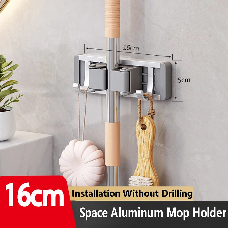 Wall Mounted Mop & Broom Organizer Rack with 5 Hooks Strong Mop Holder Self Adhesive for Kitchen Bathroom Cleaning Tools Storage