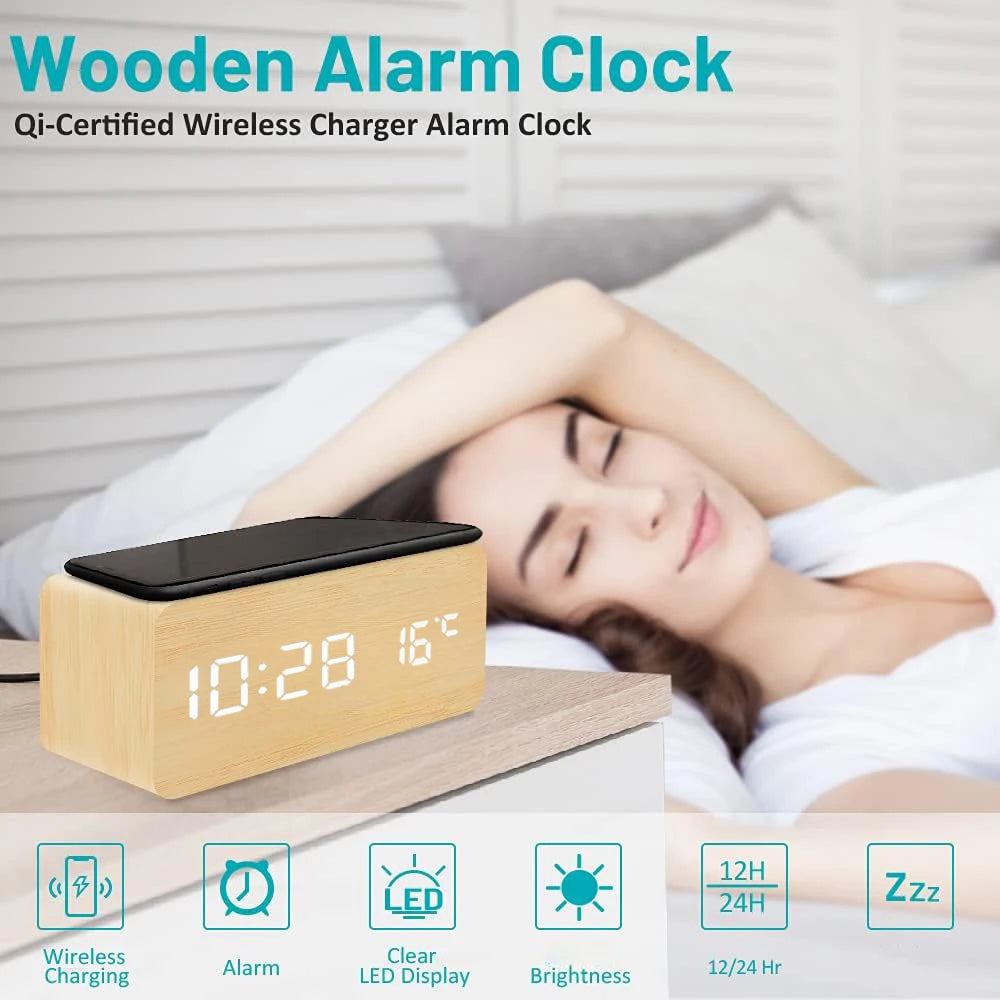 Wooden Digital Alarm Clock with Wireless Charging Temperature Display LED Desk Clock for Office Bedroom Bedside Décor Gift