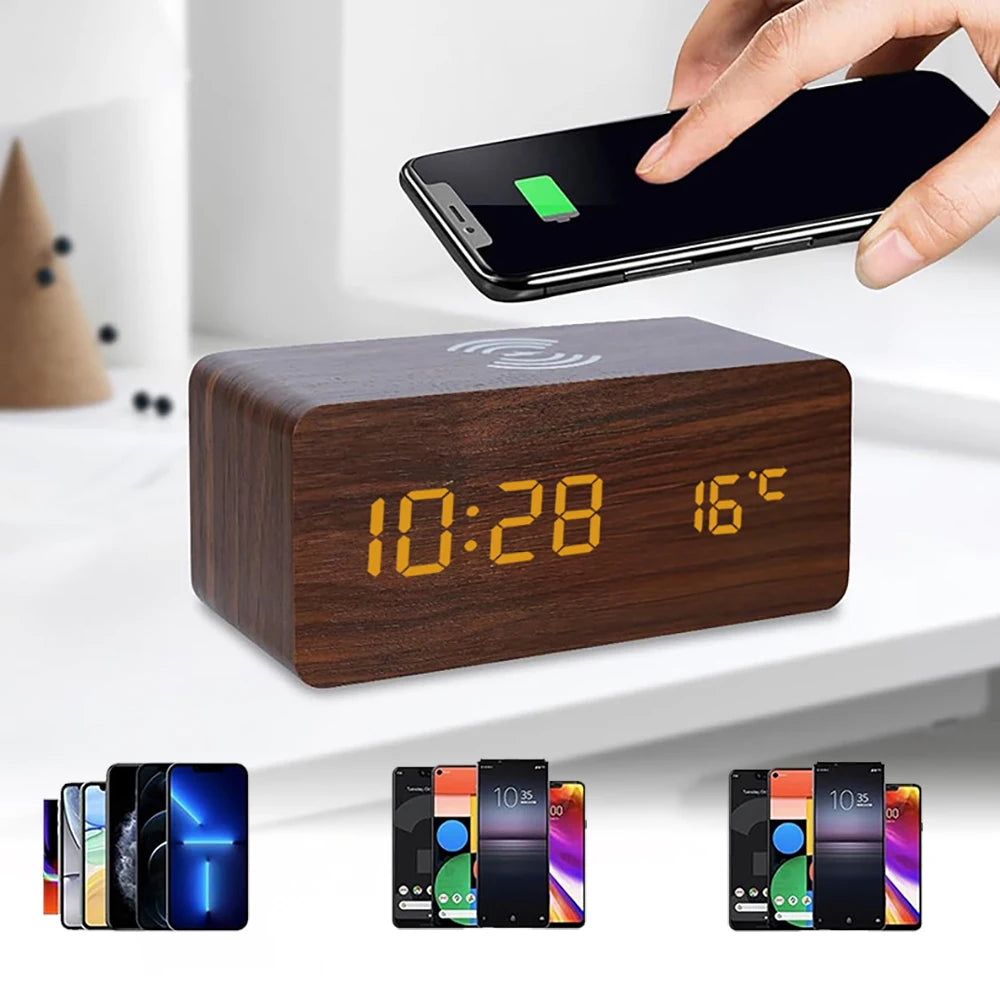 Wooden Digital Alarm Clock with Wireless Charging Temperature Display LED Desk Clock for Office Bedroom Bedside Décor Gift