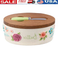 Painted Meadow Butter Dish Set Acacia Wood Lid Metal Serving Knife Floral Embossed Stoneware Butter Storage Handcrafted Kitchen