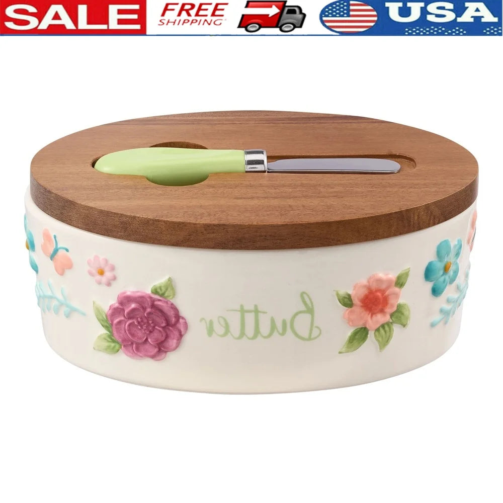 Painted Meadow Butter Dish Set Acacia Wood Lid Metal Serving Knife Floral Embossed Stoneware Butter Storage Handcrafted Kitchen