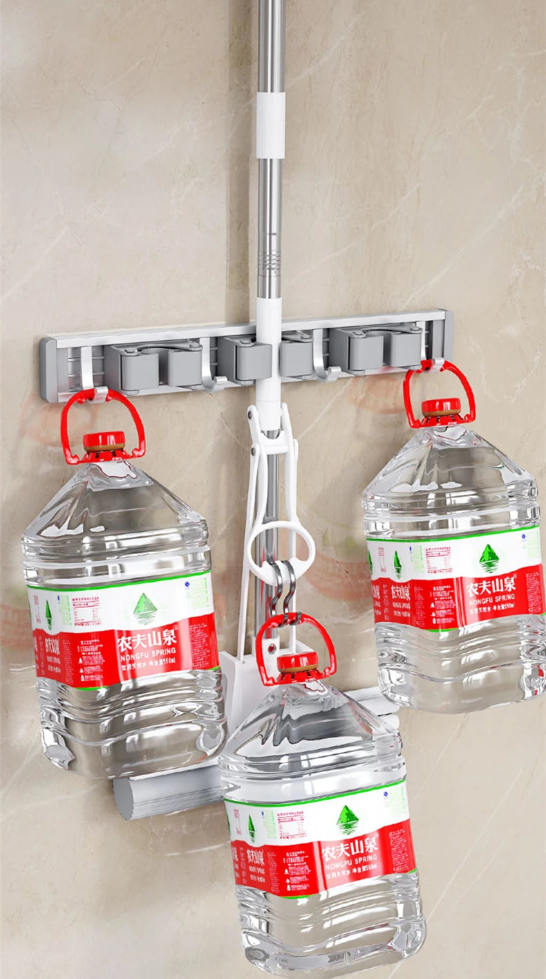 Wall Mounted Mop & Broom Organizer Rack with 5 Hooks Strong Mop Holder Self Adhesive for Kitchen Bathroom Cleaning Tools Storage