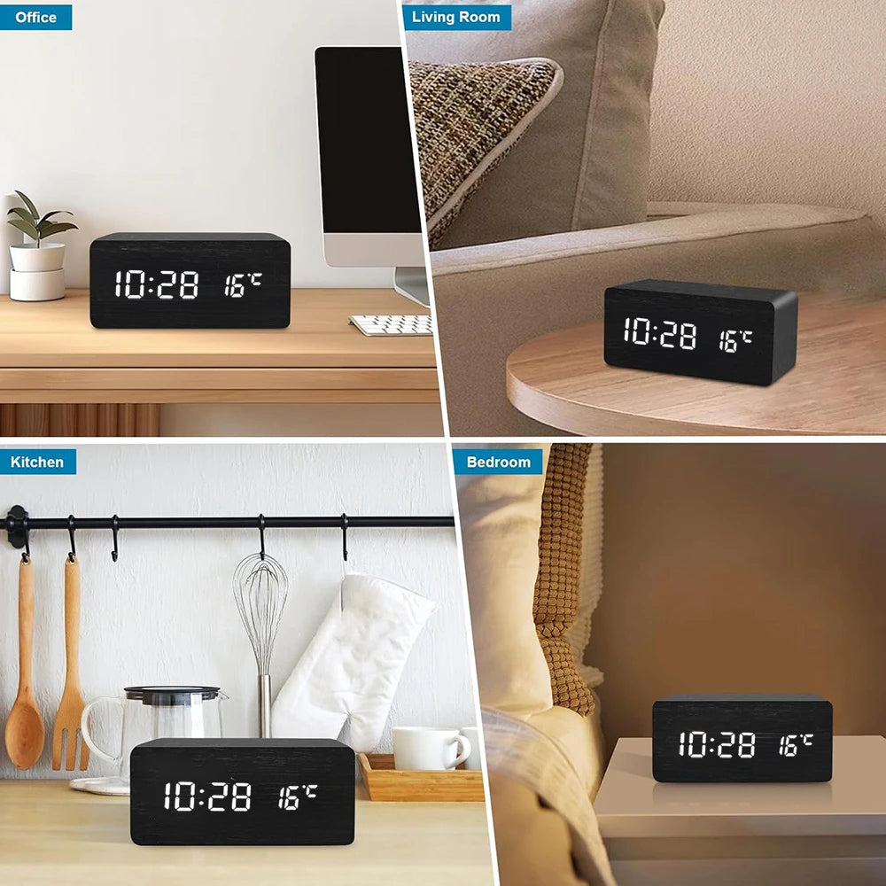 Wooden Digital Alarm Clock with Wireless Charging Temperature Display LED Desk Clock for Office Bedroom Bedside Décor Gift