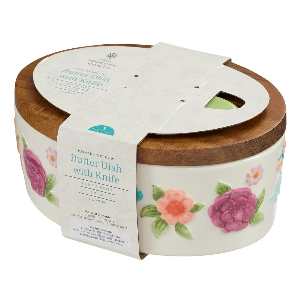 Painted Meadow Butter Dish Set Acacia Wood Lid Metal Serving Knife Floral Embossed Stoneware Butter Storage Handcrafted Kitchen