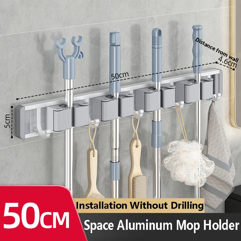 Wall Mounted Mop & Broom Organizer Rack with 5 Hooks Strong Mop Holder Self Adhesive for Kitchen Bathroom Cleaning Tools Storage