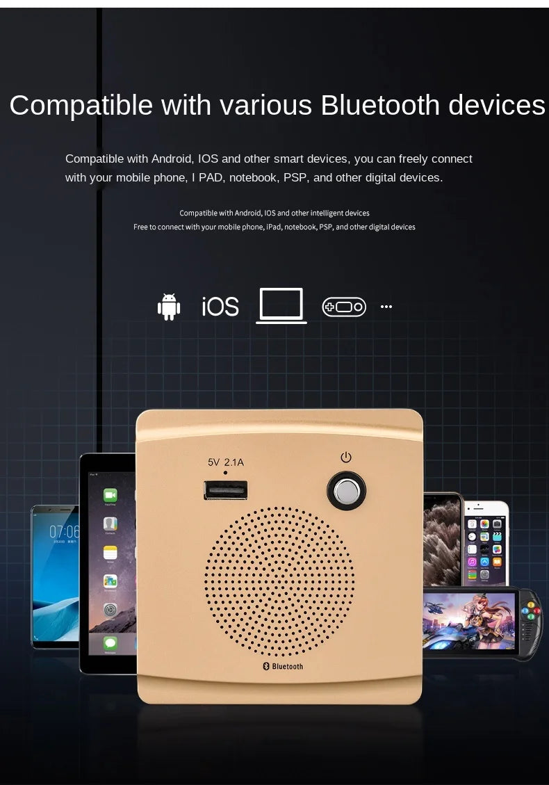 Universal Wall-mounted WiFi Bluetooth Audio with USB Charging Port Socket Panel, Home Wireless Bluetooth Speaker 86mm*86mm