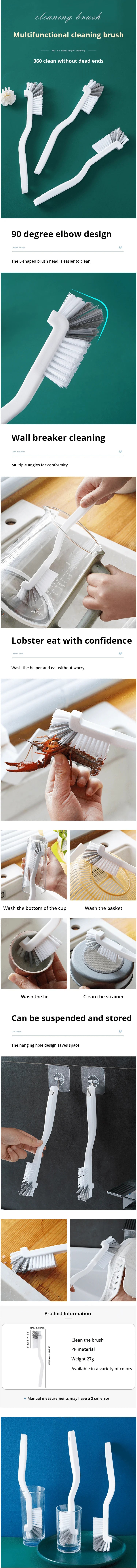 Japanese Style Sink Brush Cleaning Cup Brush with Long Handle Elbow Design Tail Hole Wall Hanging Crevice Cleaning Accessories
