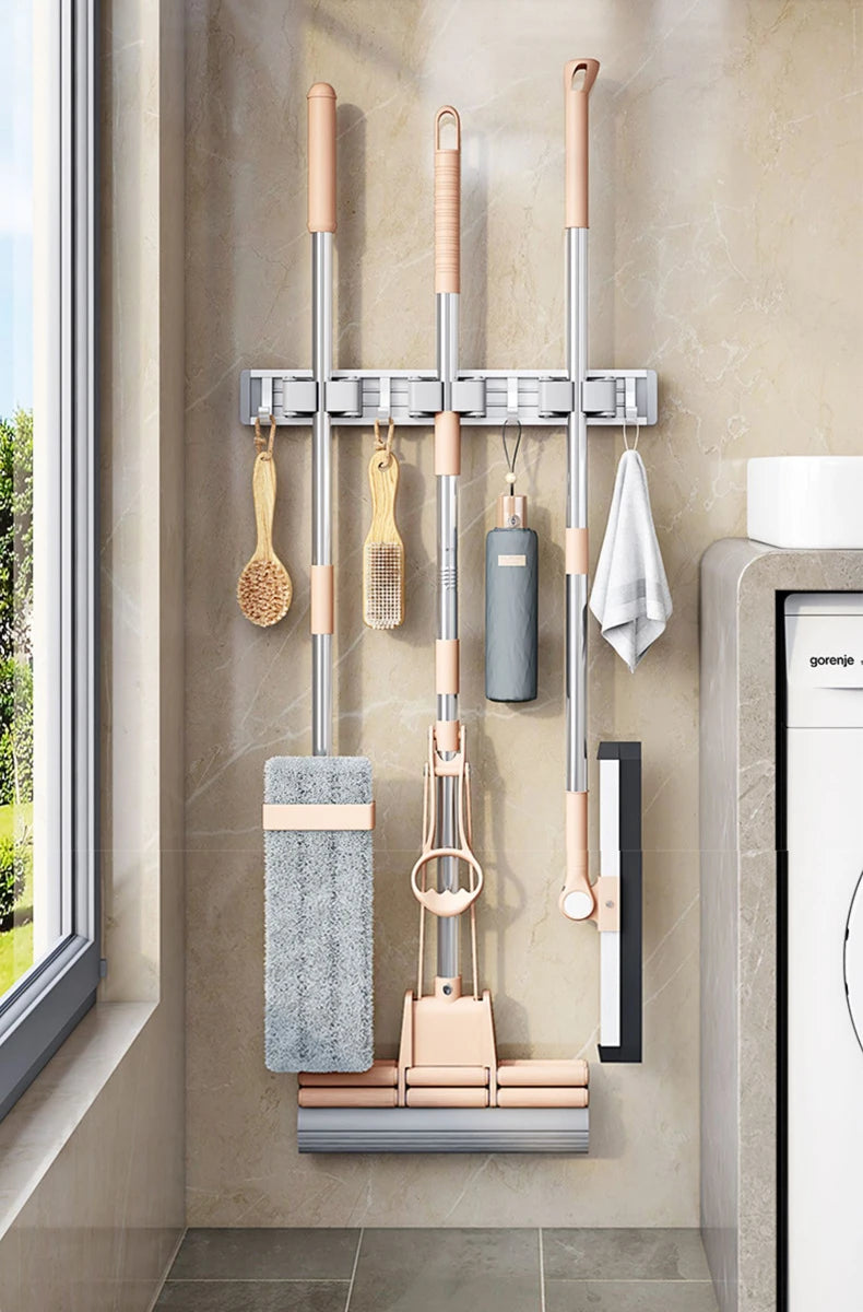Wall Mounted Mop & Broom Organizer Rack with 5 Hooks Strong Mop Holder Self Adhesive for Kitchen Bathroom Cleaning Tools Storage