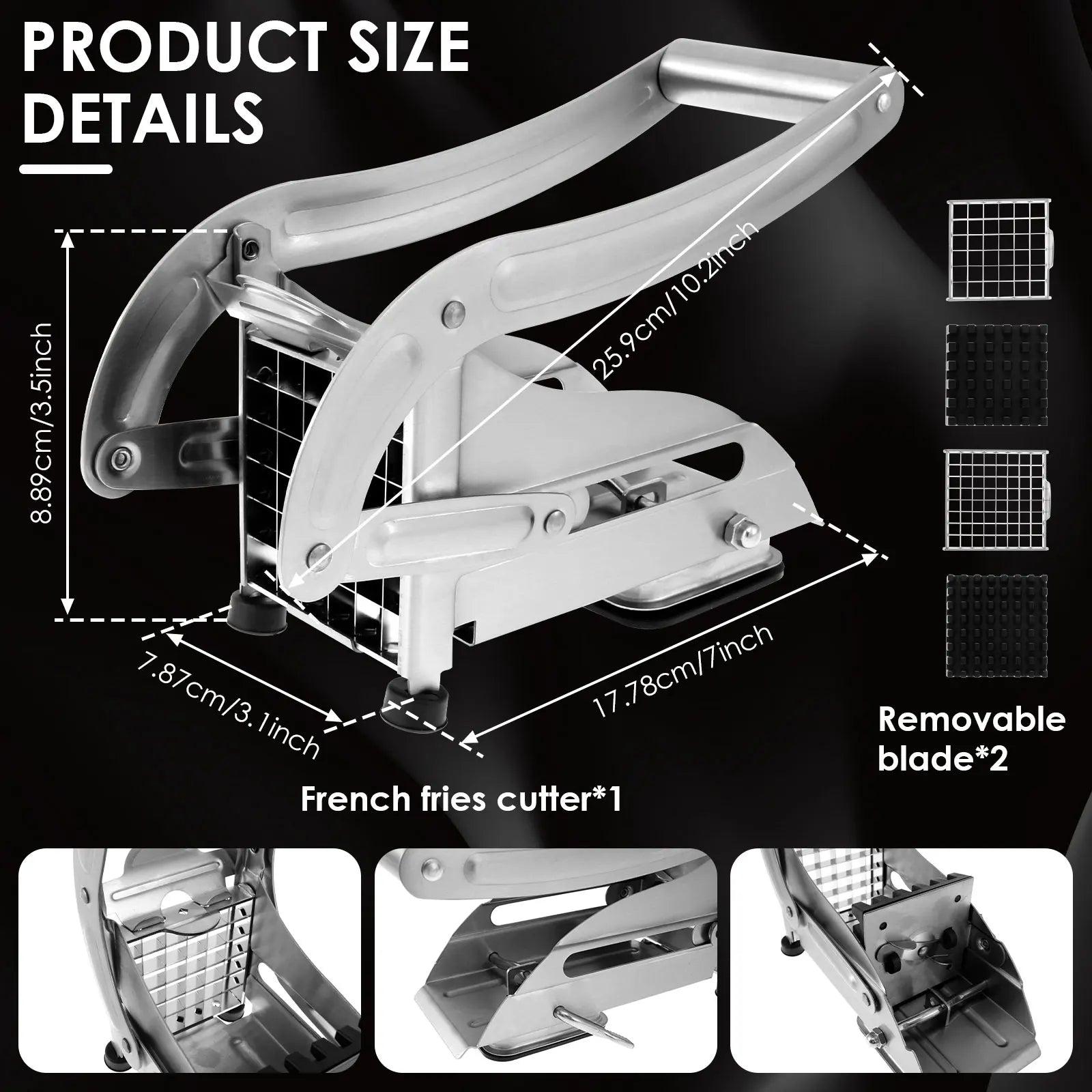 French Fry Cutter Stainless Steel and Plastic Potato Slicer Manual Vegetable Potato Chips Maker French Fries Cutter Kitchen Tool