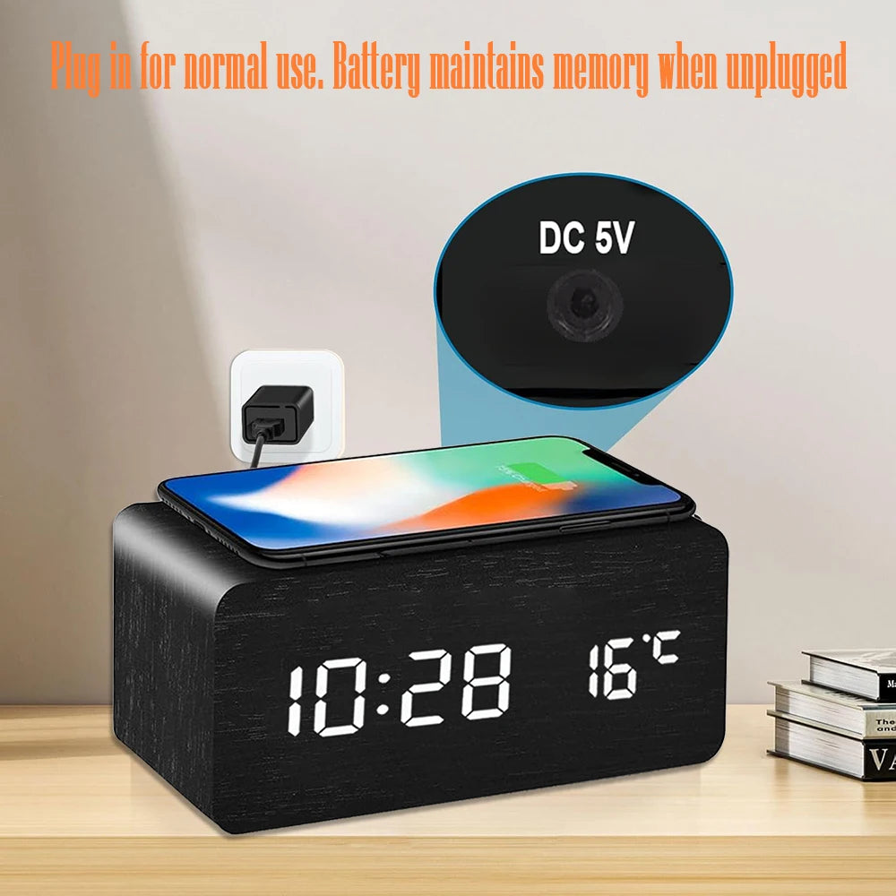 Wooden Digital Alarm Clock with Wireless Charging Temperature Display LED Desk Clock for Office Bedroom Bedside Décor Gift
