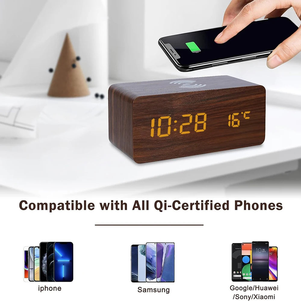 Wooden Digital Alarm Clock with Wireless Charging Temperature Display LED Desk Clock for Office Bedroom Bedside Décor Gift