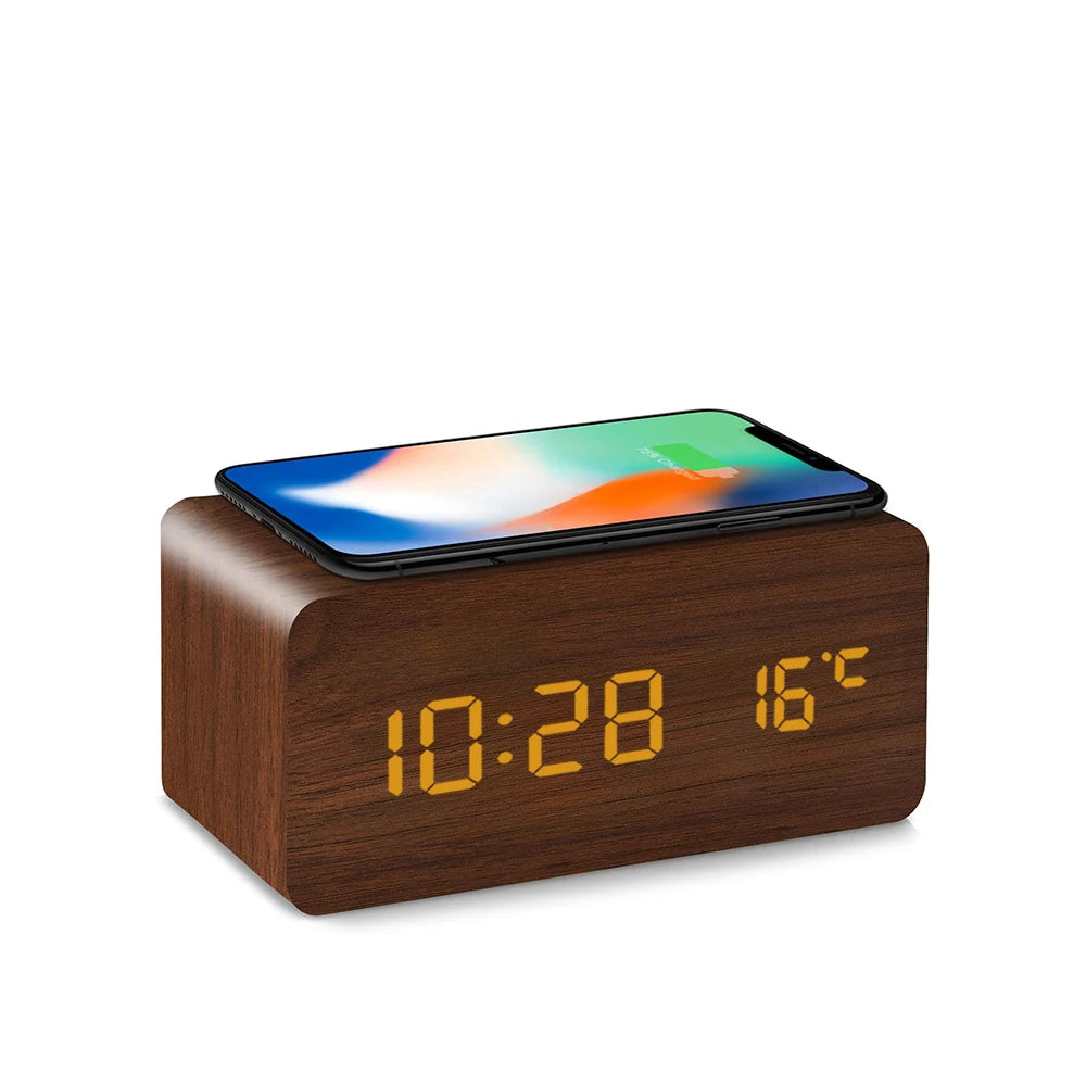 Wooden Digital Alarm Clock with Wireless Charging Temperature Display LED Desk Clock for Office Bedroom Bedside Décor Gift