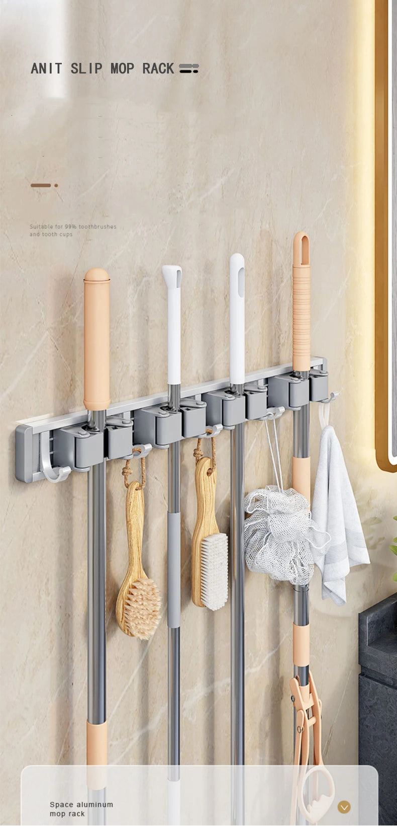 Wall Mounted Mop & Broom Organizer Rack with 5 Hooks Strong Mop Holder Self Adhesive for Kitchen Bathroom Cleaning Tools Storage