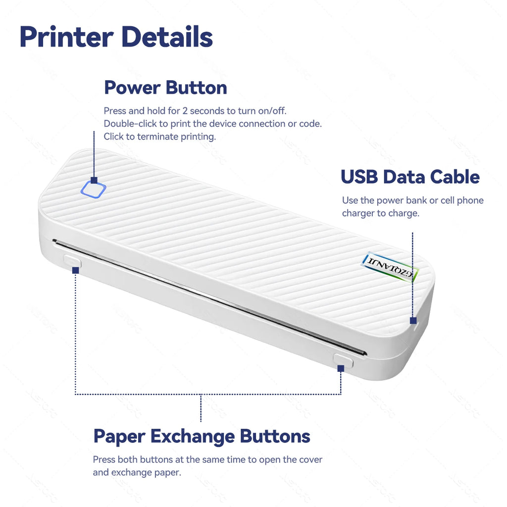 Portable A4 Thermal Printer Bluetooth Photos PDF Document Printing Machine Folded Rolls Paper For Office Work Home School Travel