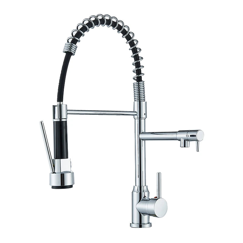Black Kitchen Faucet With Pull Down Spring Sprayer Deck Mounted Hot and Cold Water Mixer Tap Dual Spout Nozzle Faucets Crane