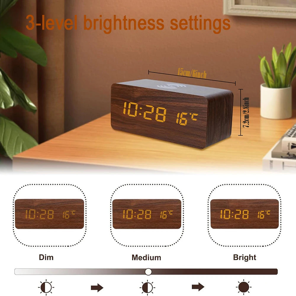Wooden Digital Alarm Clock with Wireless Charging Temperature Display LED Desk Clock for Office Bedroom Bedside Décor Gift