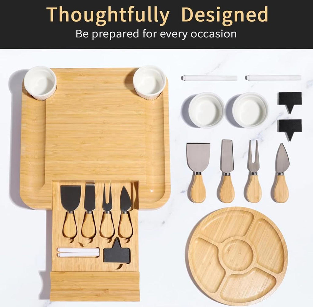 Bamboo Charcuterie Board Set with Knives, Dip Bowls & Fruit Tray