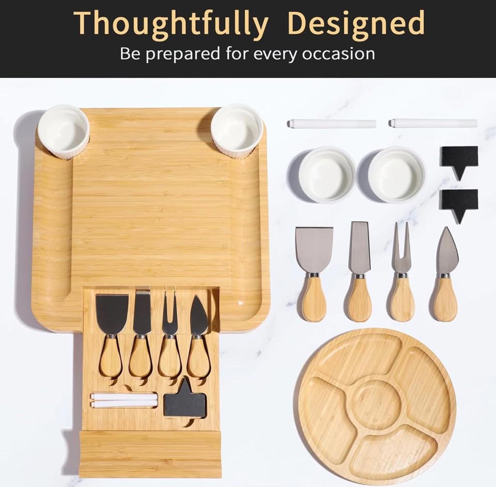 Bamboo Charcuterie Board Set with Knives, Dip Bowls & Fruit Tray